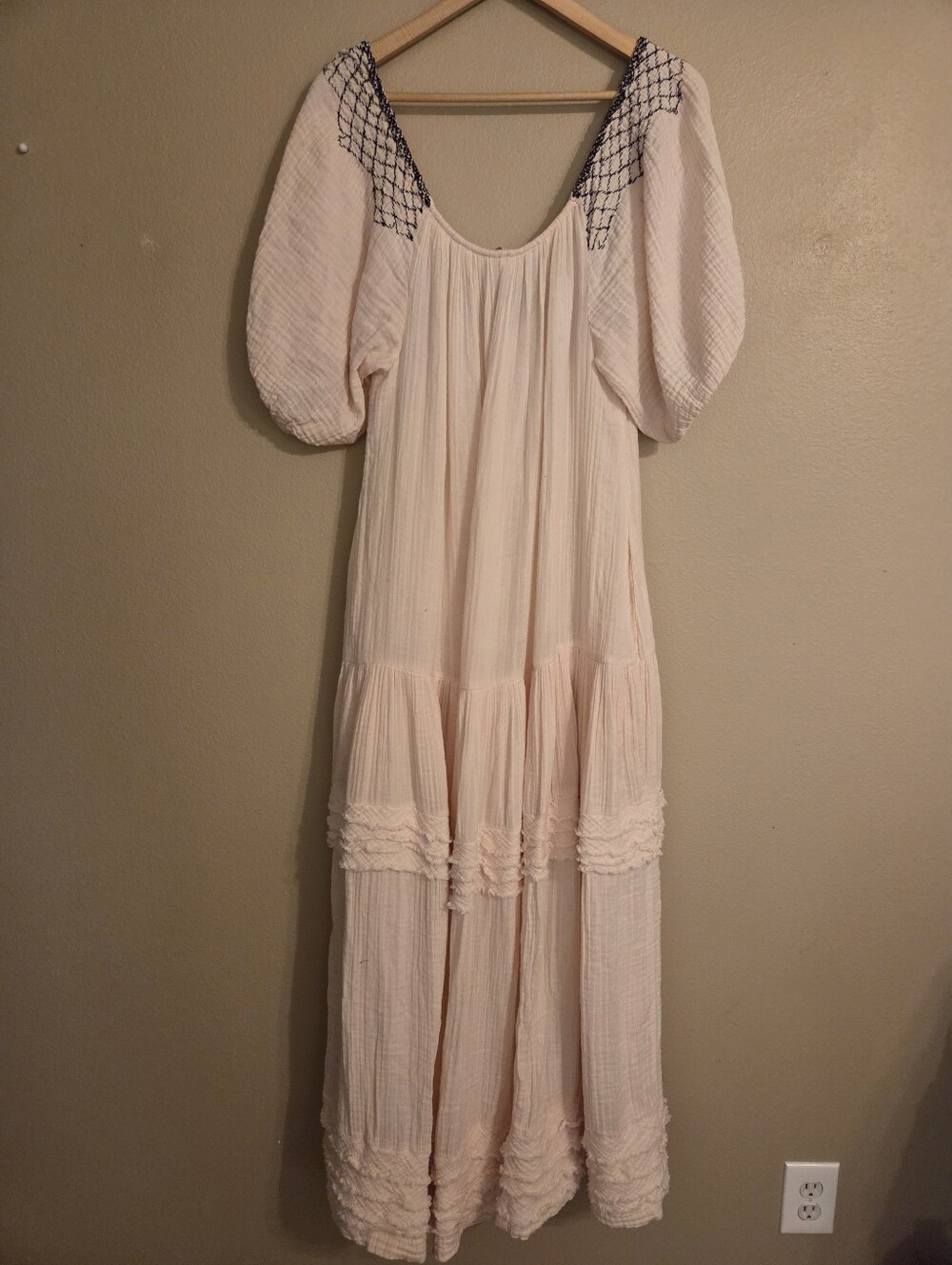 FREE PEOPLE Sunday Stroll Light Pink Smocked Embroidered Tiered Gauzy Maxi Dress - Picture 8 of 16